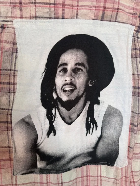 Custom Made Upcycled Bob Marley Plaid Button Down - Picture 2 of 4